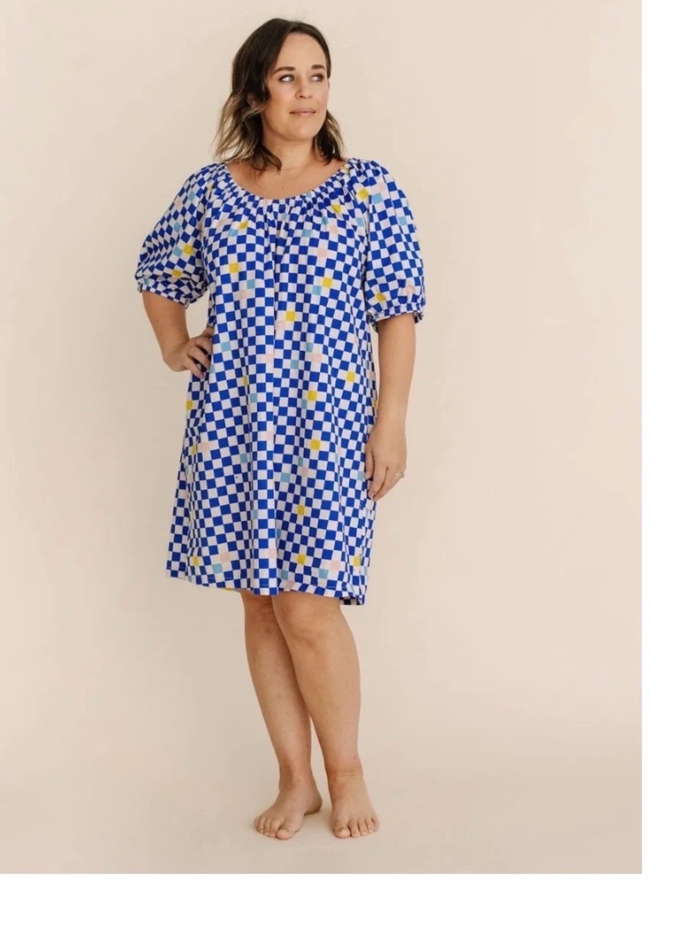 La Paloma Blue & Cream Checkerboard Dress